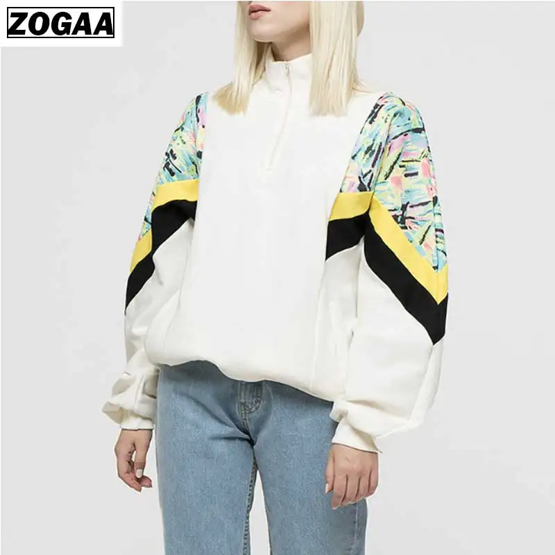 

2019 Cool Tide Women's Hoodies Colour-impact Stitching High-collar Jacket Long Sleeve Loose Front Zipper Girls'Spring Clothing