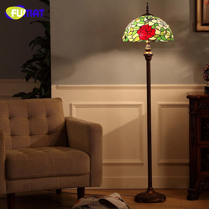 FUMAT European Style Tiffany Floor Lamps Living Room Dragonfly Pastroal Stained Glass Rose Shade Floor Lights LED Lightings