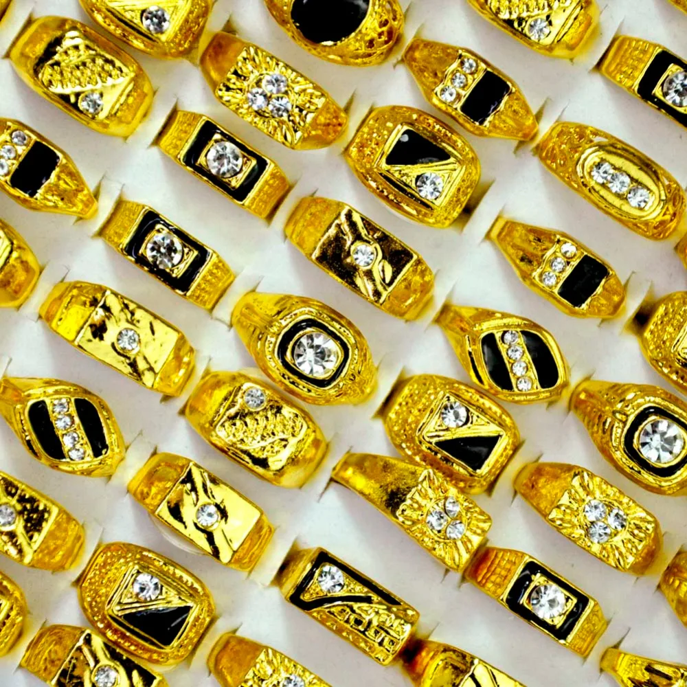 

10 Pcs Fashion Jewelry Men's Gold Color Enamel Rhinestone Rings Hot Wholesale Mixed Lots Party Drop Ship Free LR4047