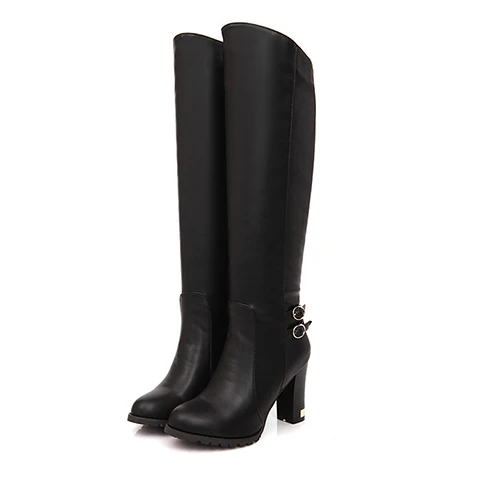 Chainingyee/зимние теплые сапоги до колена; сапоги для верховой езды на высоком каблуке с декоративной пряжкой и круглым носком на молнии сбоку; женские сапоги - Цвет: black