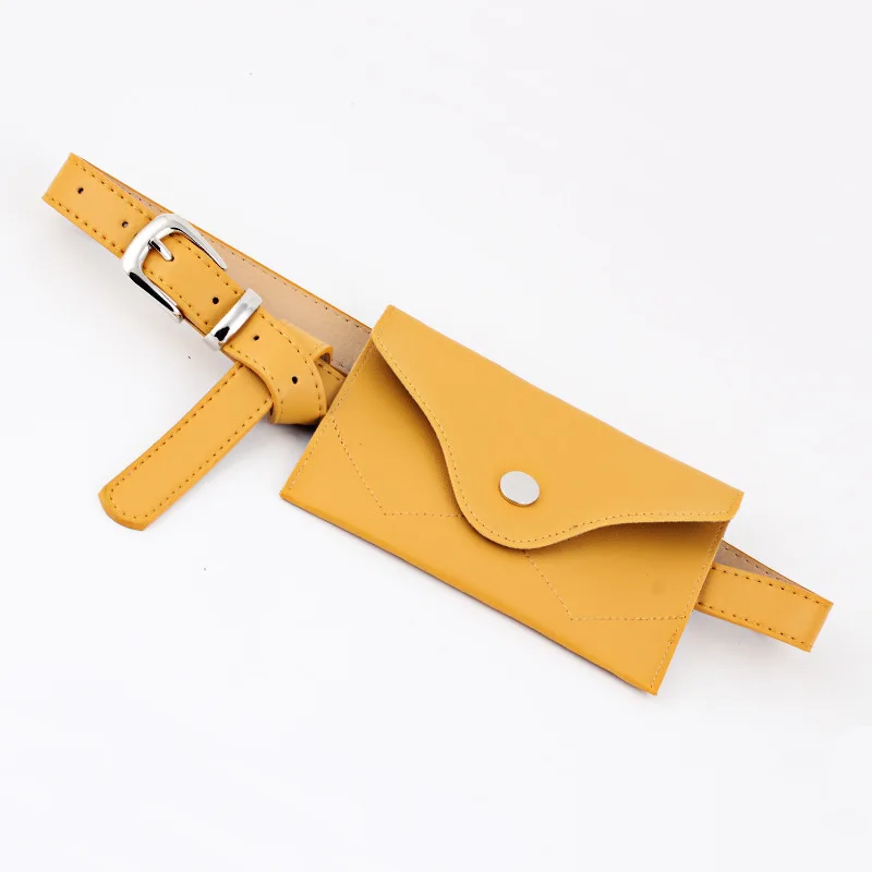 Fashion Women Fanny Pack Simple Vintage Mini Adjustable Phone Purse Key card Envelope bag high quality PU Leather Waist Bag - Цвет: Yellow Silver buckle