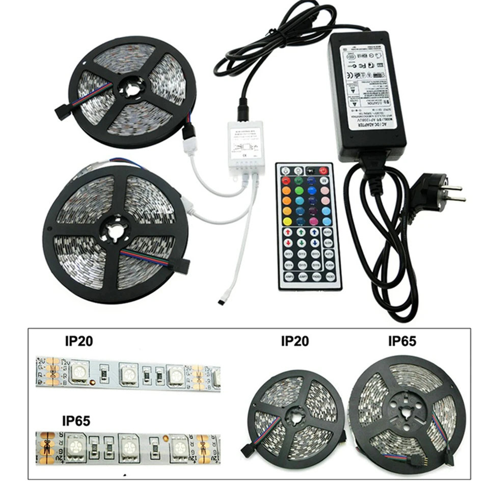 Светодиодный полосы набора SMD 5050 60 светодиодный/M 10 М 600 светодиодный комплект IP20/IP665 Водонепроницаемый rgb 24key/44 ключ пульт дистанционного