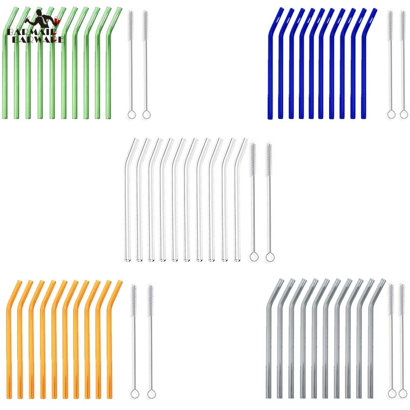 

10Pcs 5 Color Glass Straws Clear Bent 18cm" x 8 mm - Perfect Reusable Straw For Smoothies, Tea, Juice --With 2Pcs Cleaning Brush