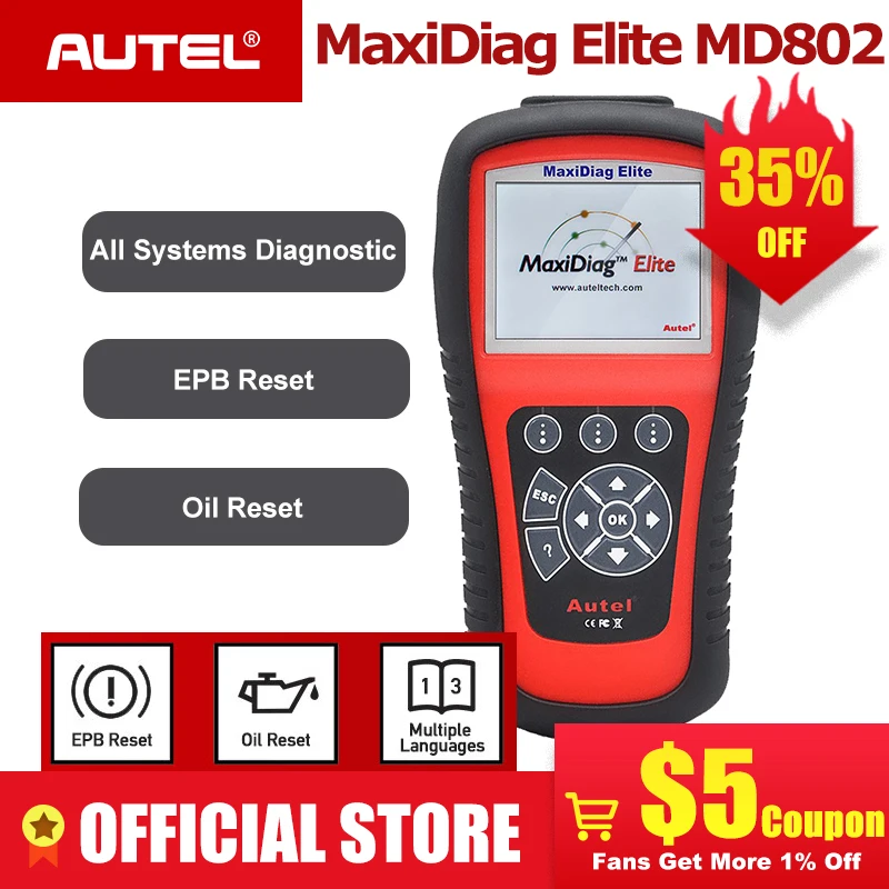 

Autel MaxiDiag Elite MD802 Automotive Diagnostic Tool for Most Cars Turn off Warning Light Read & Clear DTCs on all systems etc.