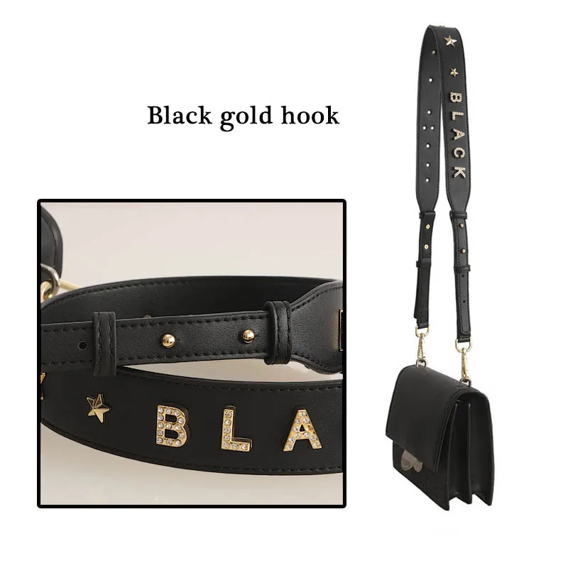 Натуральная кожа, расширяющийся плечевой ремень, съемный ремень для сумки, женская сумка, регулируемая сумка с кристаллами и буквами, аксессуары - Цвет: Black gold hook