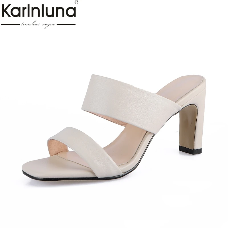 

KarinLuna women's Top Quality Genuine Leather Sheepskin Summer Mules Pumps High Heels Shoes Woman Party Snadals Lady Footwear