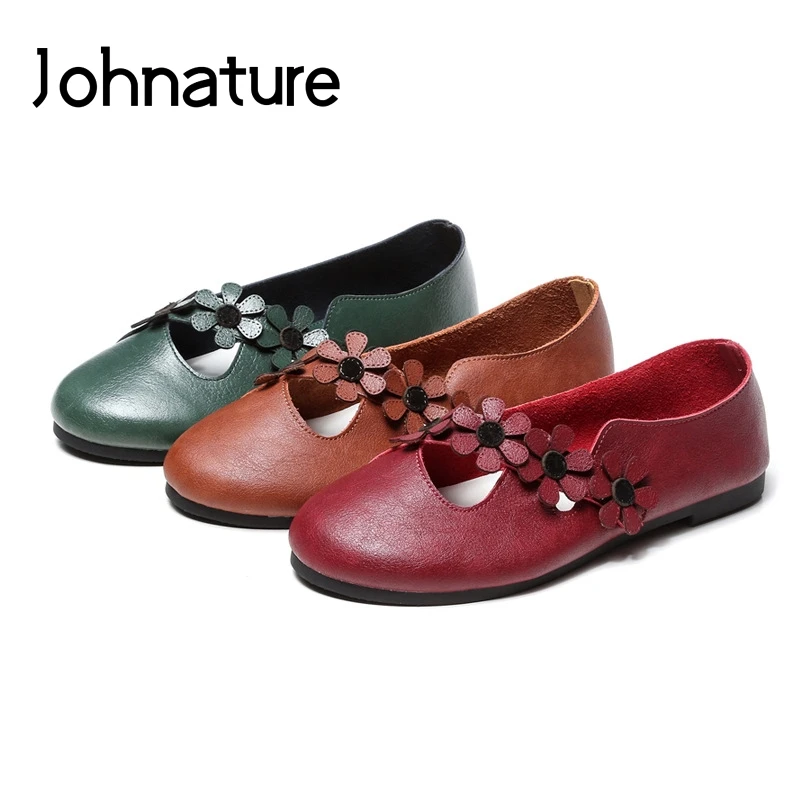 

Johnature 2019 New Spring/autumn Handmade Genuine Leather Shallow Retro Appliques Flowers Round Toe Soft Sole Woman Flat Shoes