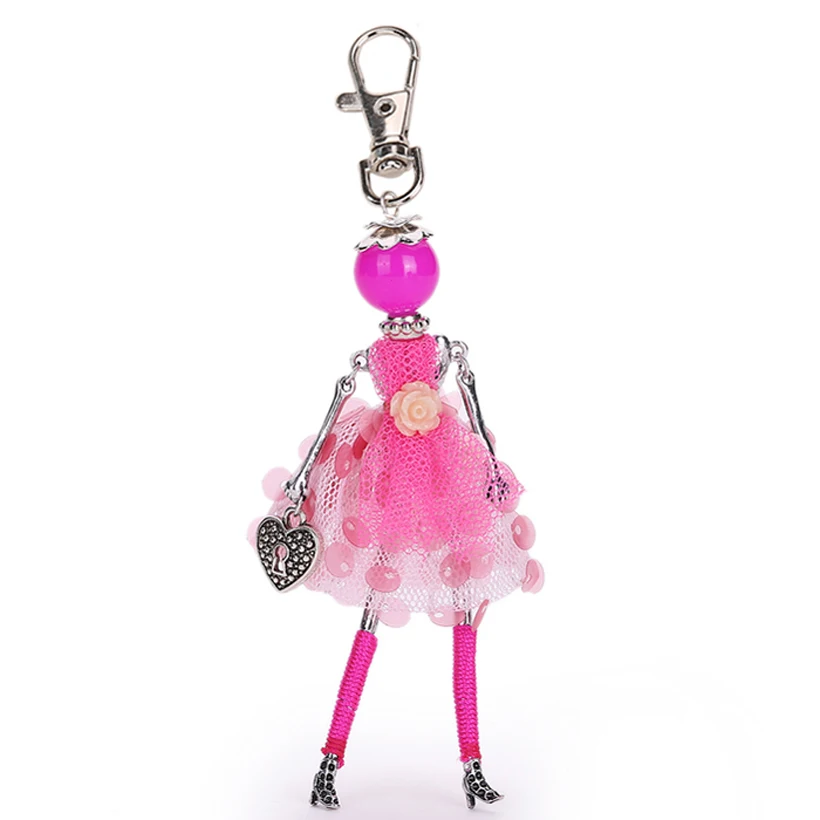 

YLWHJJ The new women dress doll keychain lovely Sequins scarves rose Red girls key chain car pendant female fashion jewelry