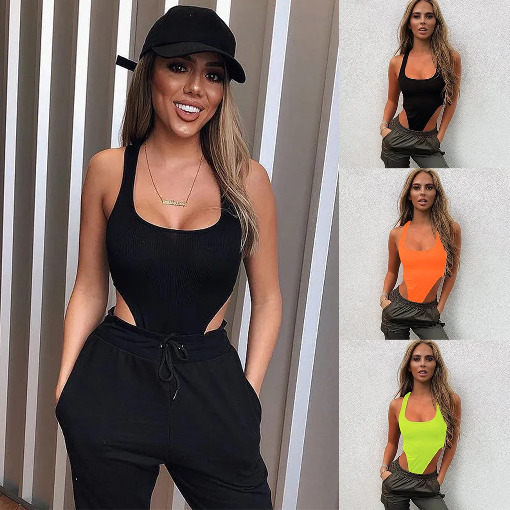 

2019 New Casual Sexy Cotton V-neck Bodysuit Jumpsuit Women's Deep V-neck Halter Back Sleeveless Sleeve Leotard Neon Leotard Top