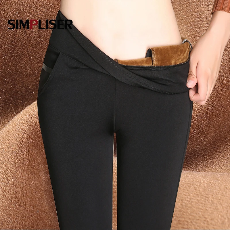 

Warm Pants Women 2019 Winter Velvet Thicken Trousers High Waist Stretch OL Ladies Work Pencil Pants Big Sizes Grey Black Blue