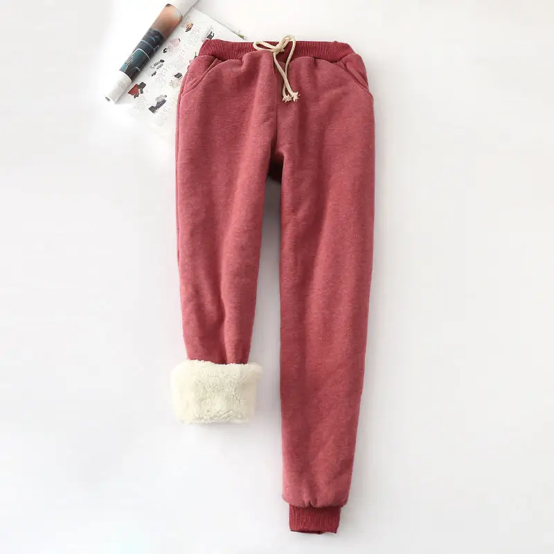Толстые бархатные теплые штаны, Женские повседневные эластичные талии, спортивные штаны, Длинные Дамские Брюки с кулиской размера плюс, женские брюки s Q832 - Цвет: Wine red