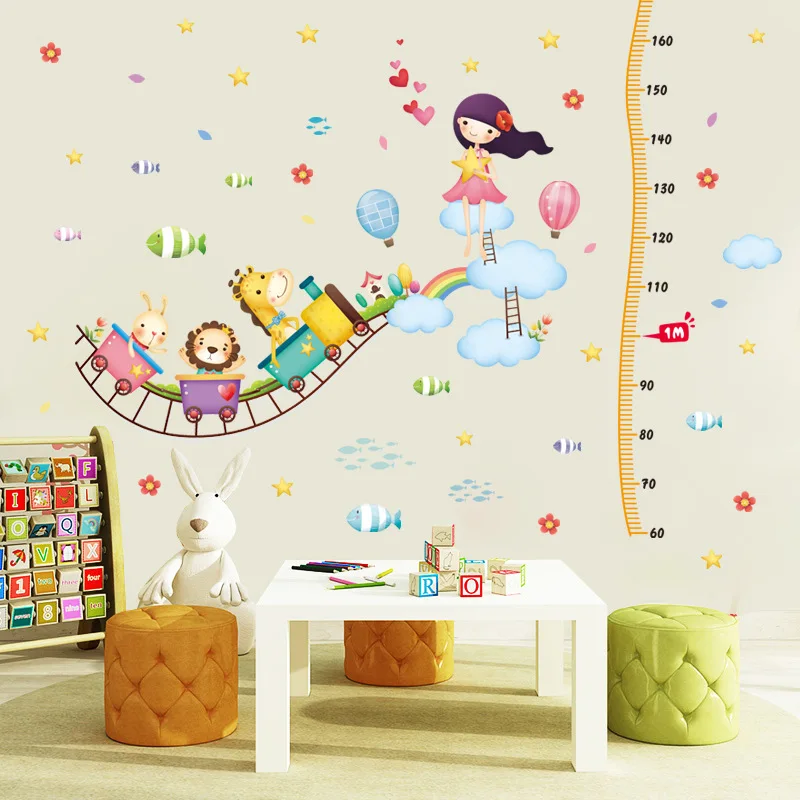 

Cartoon sky animal train child height growth wall sticker beauty girl clouds stars balloon fish kids room bedroom warobe sticker