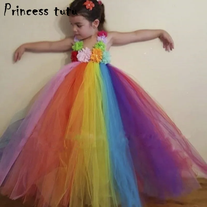 

Quality Handwork Rainbow Tutu Dress Girl Flower Princess Birthday Christmas Party Wedding Dress Girls Dresses Kids Clothes W060