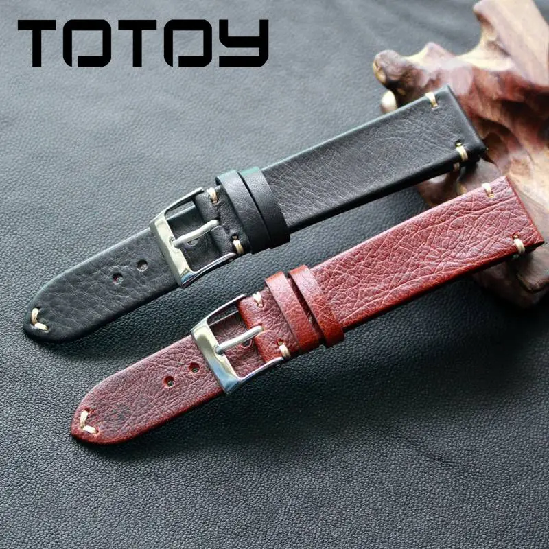 

TOTOY Utra-Thin Vintage Top Layer leather Watchban, Italian Calfskin Strap, 18MM 19MM 20MM 21MM 22MM Men Models Soft Watchbands