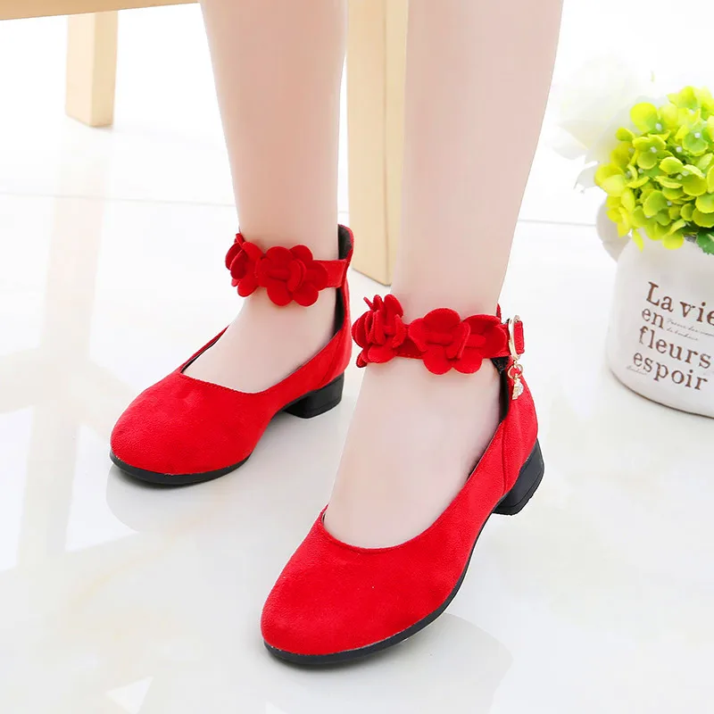 

Fathion New Big Pearl Flower Girls PU Leather Shoes For Girls Party Dance Children Shoes Girls Princess High Heels Wedding Shoes