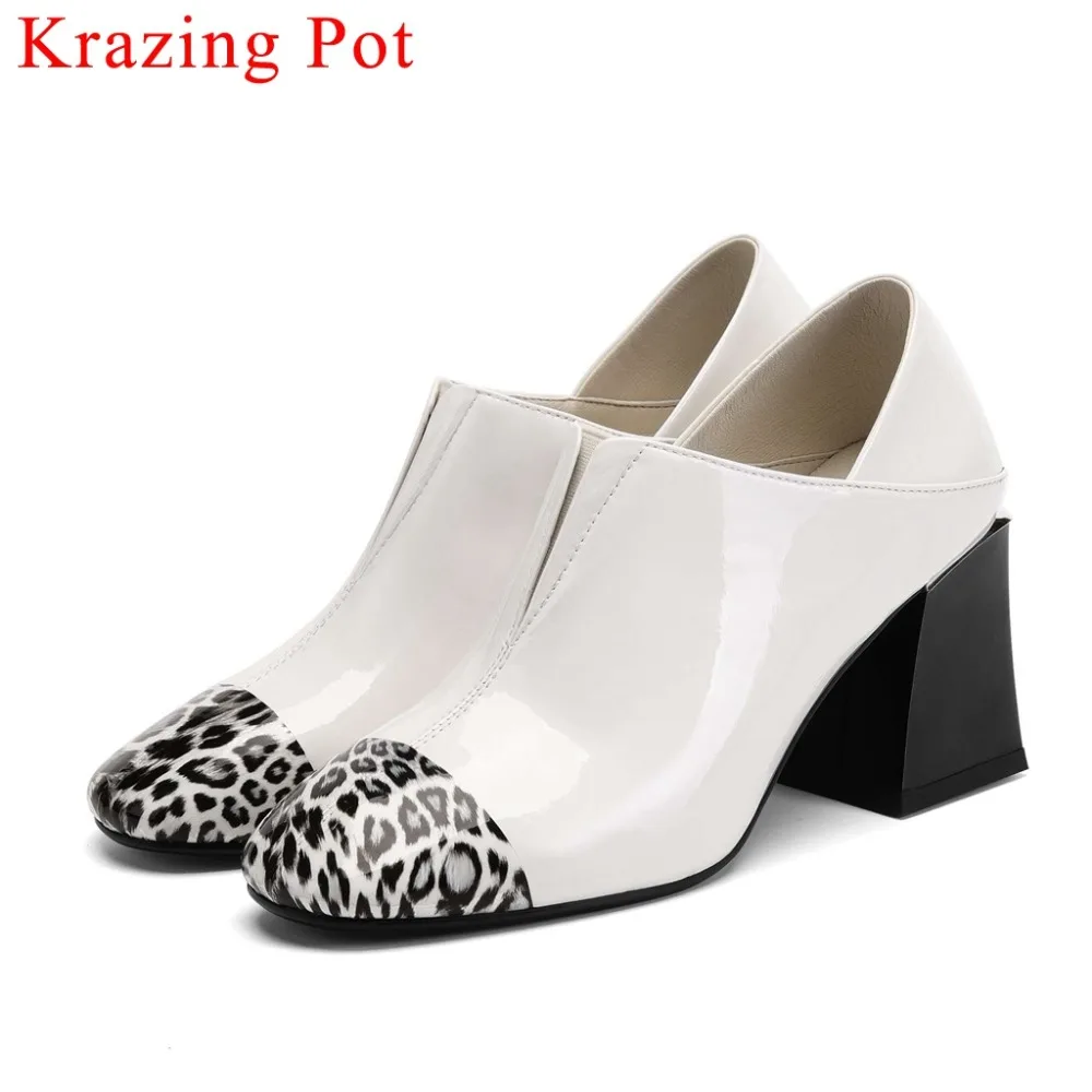 

2019 superstars woman brand shoes block high heels cow leather leopard slip on comfortable mixed colors streetwear pumps L15