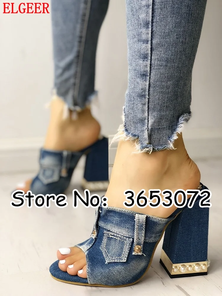 

Denim Peep Toe Pearl Chunky Heeled Sandals Summer Jeans Outside Rome Gladiator Style Woman Slides Newest Slippers Shoes Woman