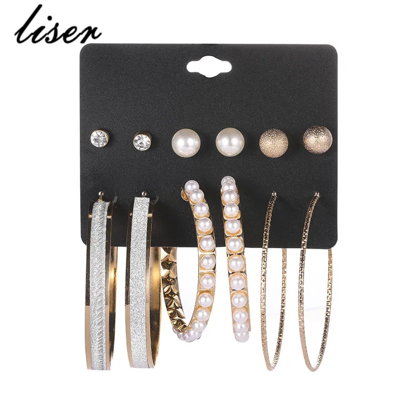 Punk 6 Pieces / Set Woman Exaggerated European and American Pearl Gold Large Circle Scrub Perforated Earring Set - Окраска металла: Золотой цвет