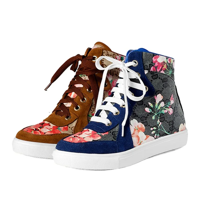 

New fashion round toe printed lace up flower genuine leather nude women ankle boots flat with shoes sexy causal motorcycles boot