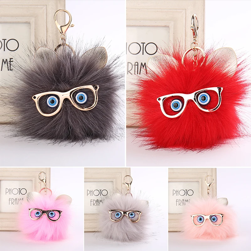 

Cartoon Cute Long Glasses Owl Pompom Keychain Top Keyring Porte Clef Fur ball Car Key Chain Jewelry Accessories Llaveros Women