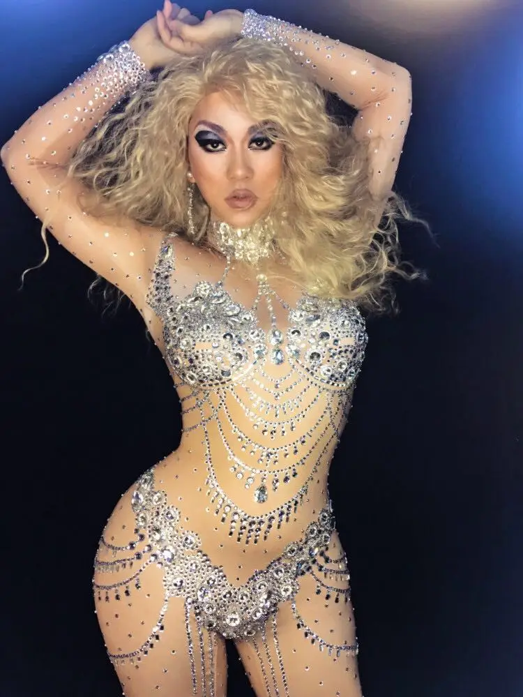 Fashion Sparkly Crystals Nude Jumpsuit Stretch Stones Outfit Celebrate Bright Rhinestones Bodysuit Costume Female Singer Wear