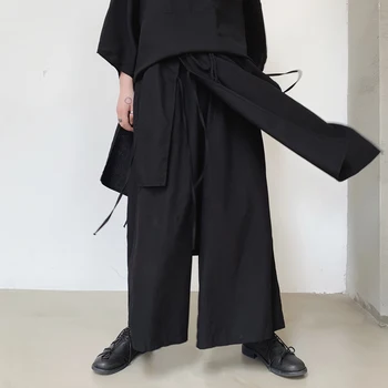 

Men Cotton Linen Causal Wide Leg Skirt Pants Male Streetwear Punk Gothic Hip Hop Harem Trousers Black Japan Style Kimono Pant