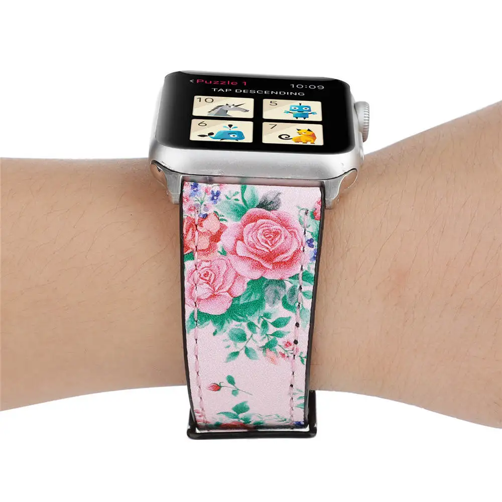 Кожаный ремешок с цветочным принтом для Apple Watch 44/40 мм 42/38 розовый браслет кожаный