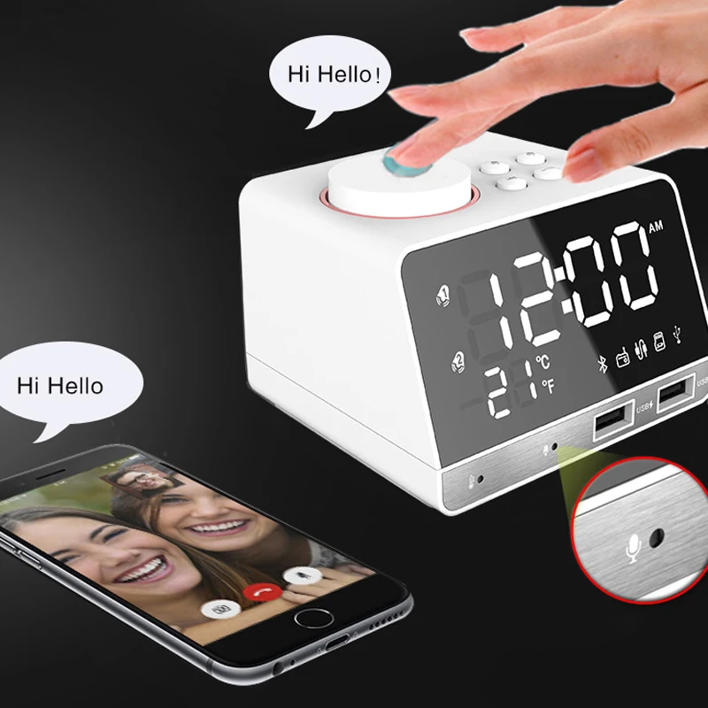 

HOT Digital Alarm Clock Bluetooth Speaker Dual USB Ports Temperature LED Display for Home Drop shipping