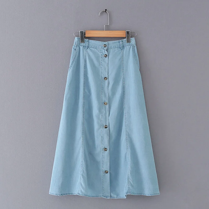 Длинные джинсовые юбки летние женские юбки высокая талия джинсовые юбки однобортные новые модные синие XS S M L