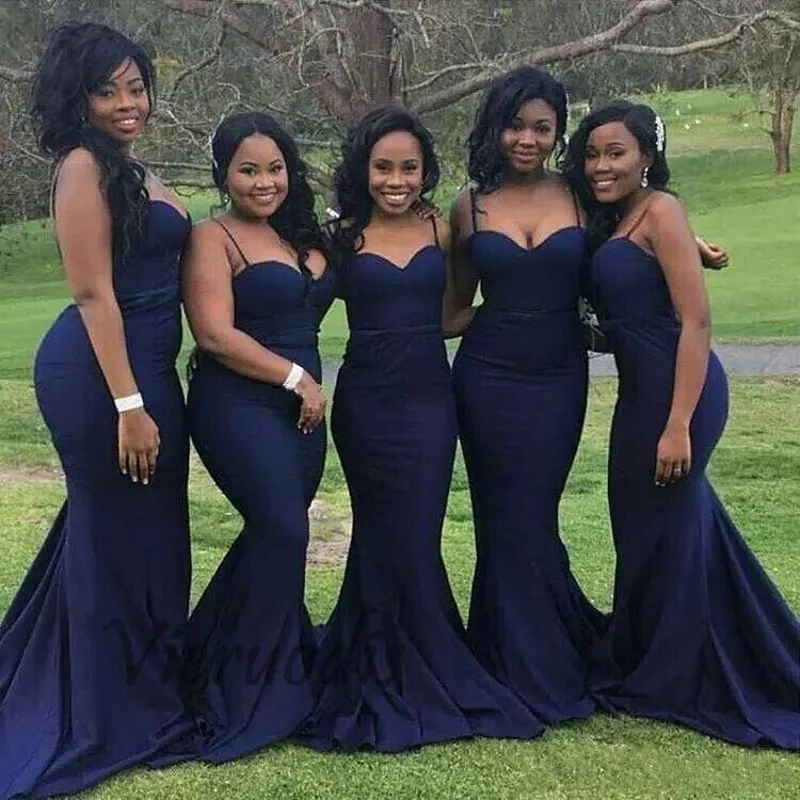 41-1         Navy Blue Spaghetti Sweetheart Satin Pleated Court Train Mermaid Bridesmaid Gowns Sexy Bridesmaid Dresses