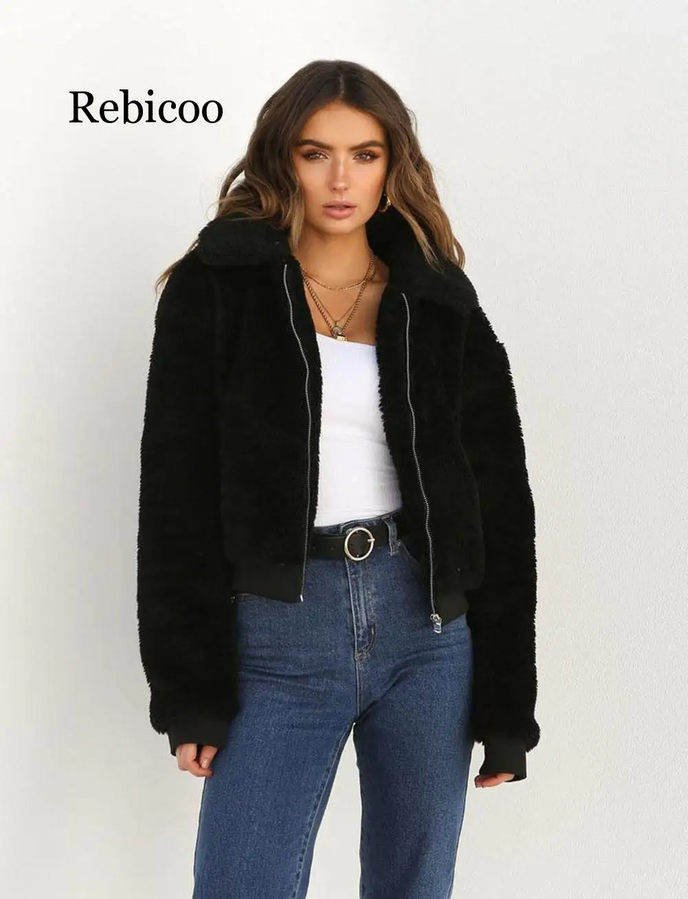 

2019 Winter Women Warm Teddy Bear Long Sleeve Fleece Jackets Crop Tops Zip Up Punk Oversize Outwear Coats With Pockets