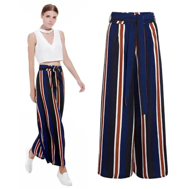 Summer Women Casual Colorful Vertical Stripes Pants Fashion Elastic Split Side Vent High Waist Trousers Loose Wide-leg Pants