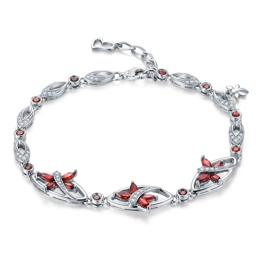 

7.0ct Natural Red Garnet Stone Sterling Silver Flying With Butterfly Bracelet