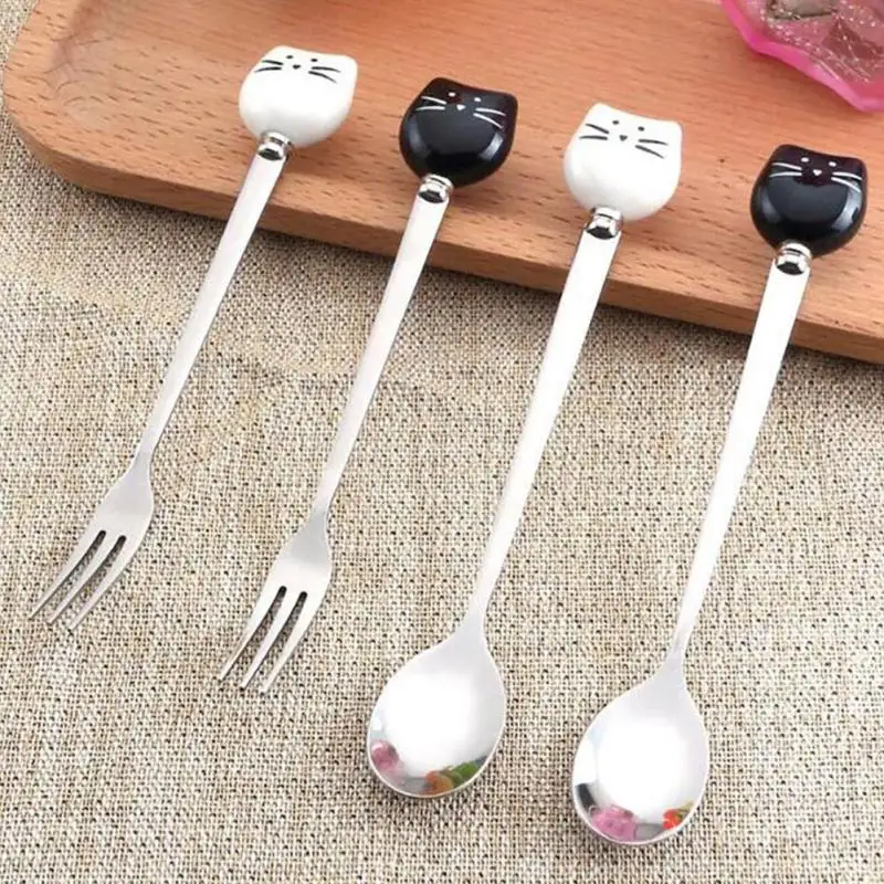 

1pc Cartoon Cat Spoon Fork Long Coffee Stirring Spoon Fruit Fork Stainless Steel With Ceramic Cat Handle #30