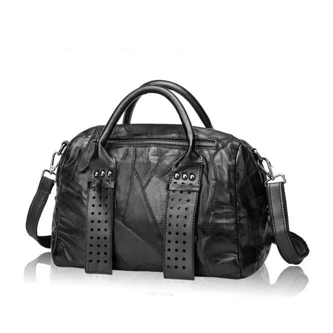 

2017 Europe and the United States the new stitching one shoulder inclined sheepskin leather bag, fashion handbag handbag