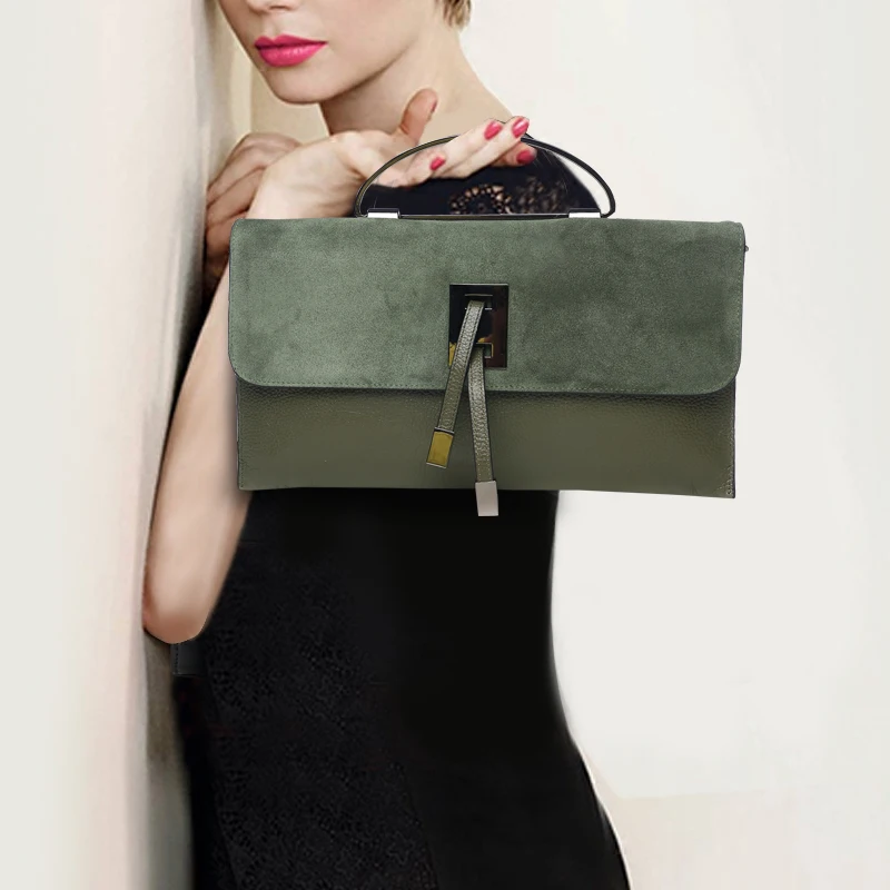 

Vintage Female Cow Genuine Leather Envelope Bag Party Inclined Shoulder Bag Handbag with Drawstring Day Clutches Top Handle Bag