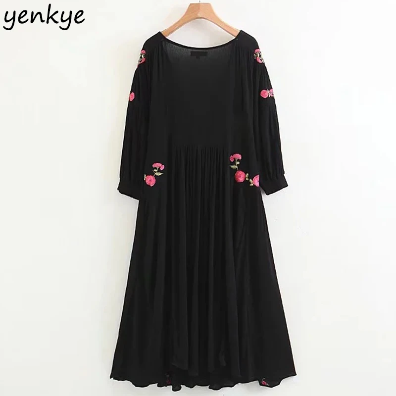 Летнее женское винтажное черное милое платье с цветочной вышивкой, сексуальное Плиссированное Повседневное платье с v-образным вырезом и высокой талией, миди vestidos