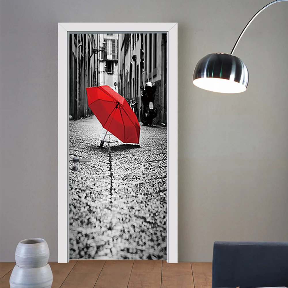

Street Red Umbrella On The Ground Imitation 3d Door Stickers Living Room, Bedroom Door Renovation Self-adhesive Stickers