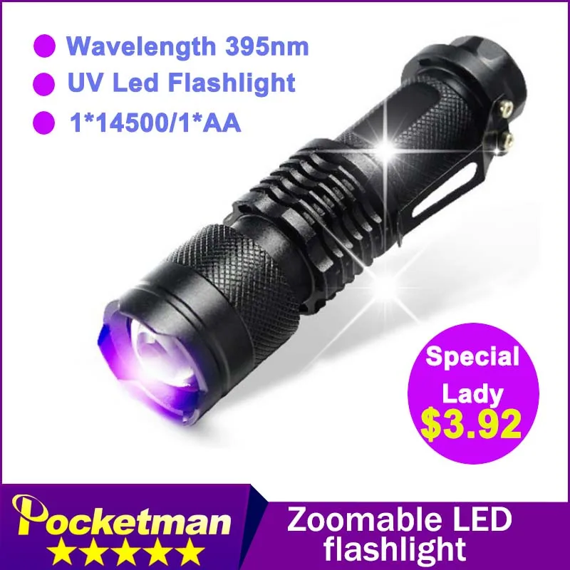zk50  LED UV Flashlight NEW Arrival Shock Resistant CREE Q5 SK68 Purple Violet Light UV 395nm Lamp 1*14500/1*AA Free Shipping