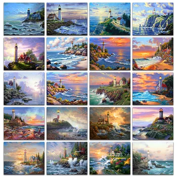 

5D DIY Diamond Mosaic Lighthouse Full Square Diamond Picture Stitch Seaside House Round Diamond Embroidery Marine Home Decor