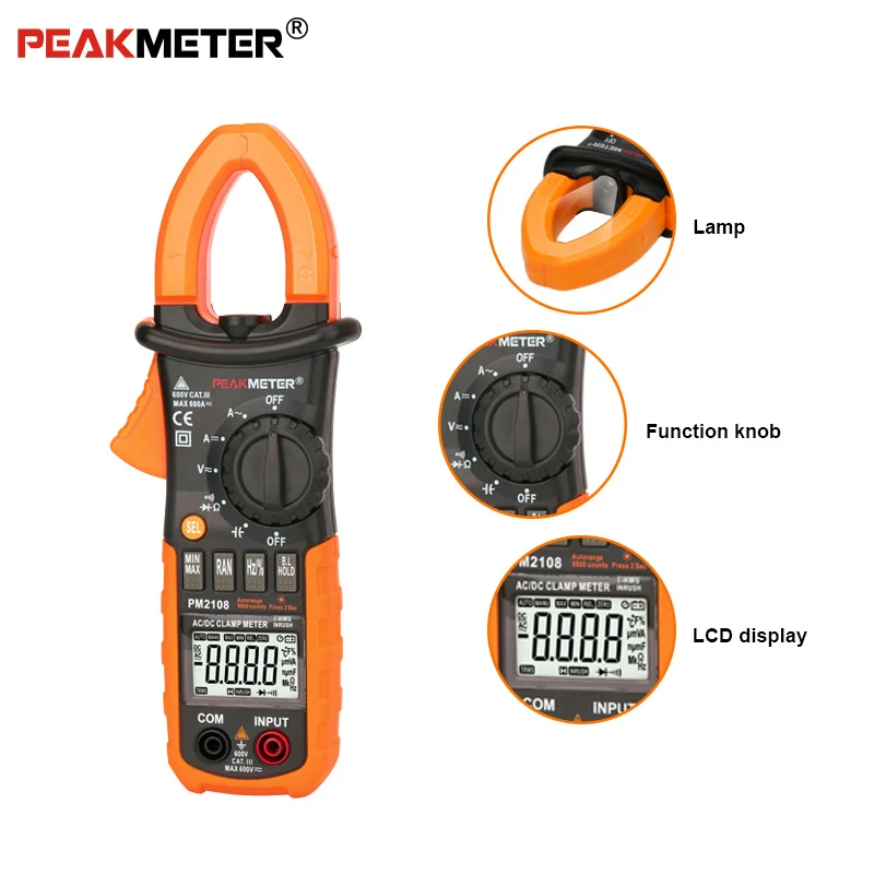 Цифровой клещи Peakmeter PM2108 6600 отсчетов авто и ручной диапазон AC/DC мини мультиметр AC