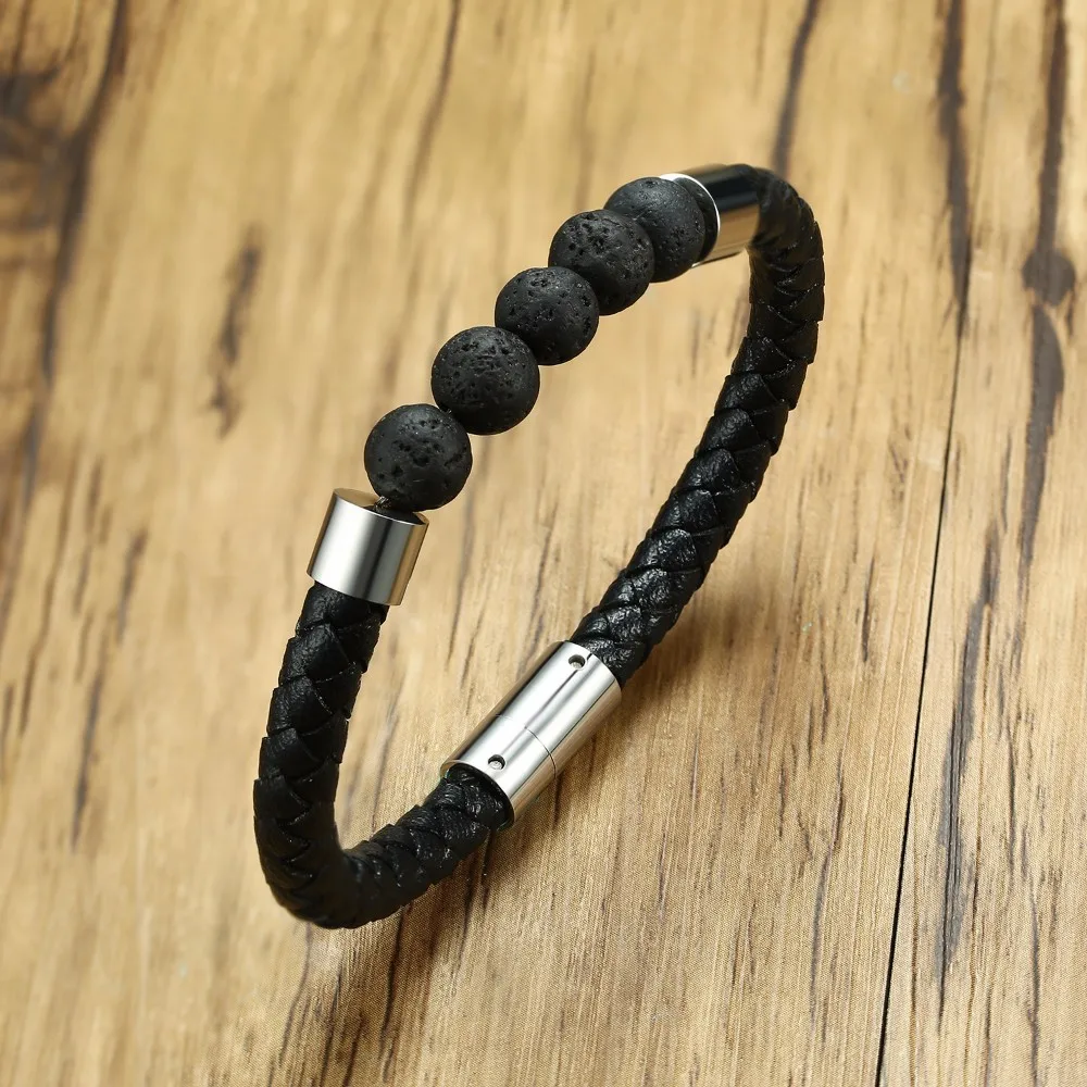 

Men's Volcano Lava Stone Beads and Braid Leather Bracelet with Stainless Steel Magnetic Buckle Bangle for Male Men Jewelry 8"