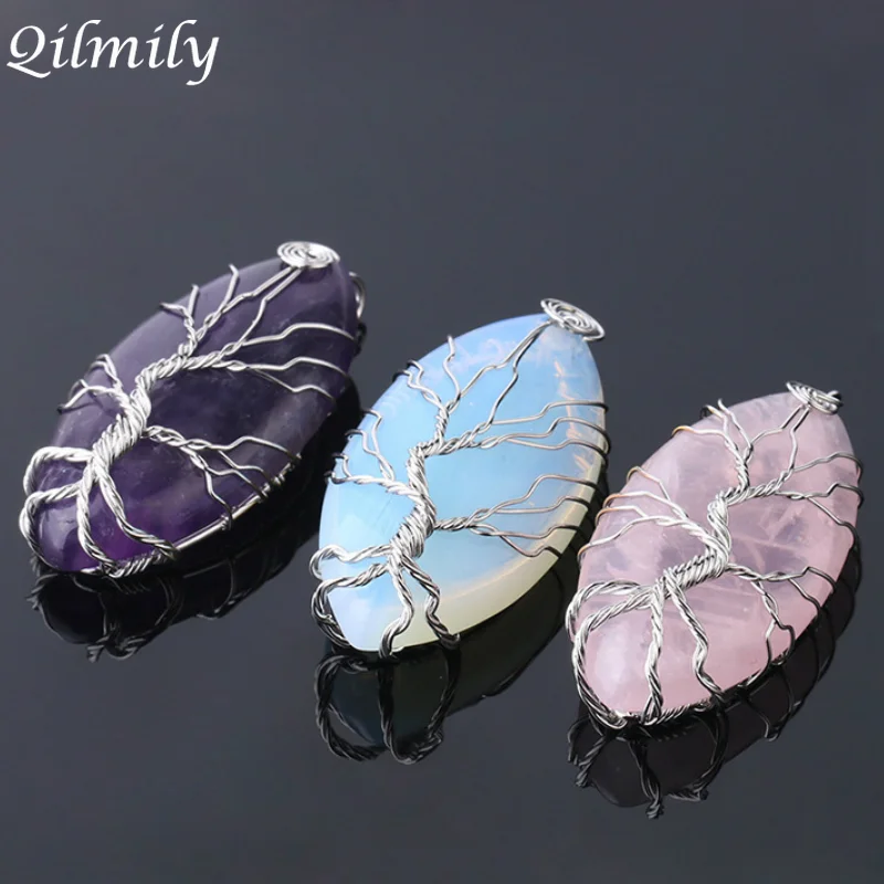 

Qilmily Natural Stone Marquise Winding Tree of Life Necklace Pendant Purple Crystal Lava Silver Wire Wrap Women Men Jewelry Gift
