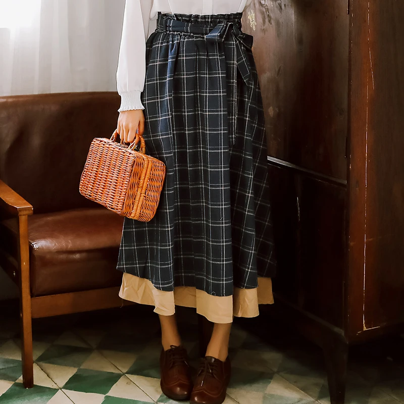 

Spring Autumn Japan Style Plaid Skirts Women High Waist Vintage Cotton Long Skirts Navy Blue Midi Saia