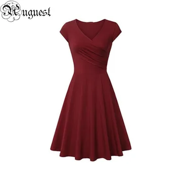 

Uguest Women Plain Dress A-line Pleated V-neck Short Sleeve Empire Knee-length Summer Chic Short Dress Elegant Vestidos 2019