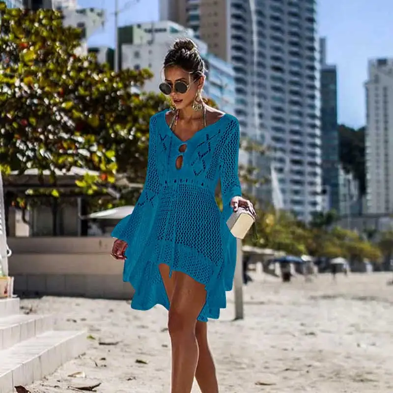 Billige MOSHENGQI Bikini Cover Up Badeanzug Sexy Pullover Badeanzug Gestrickte Bademode Mujer Sommer Strand Kleid Tragen Häkeln Sehen durch