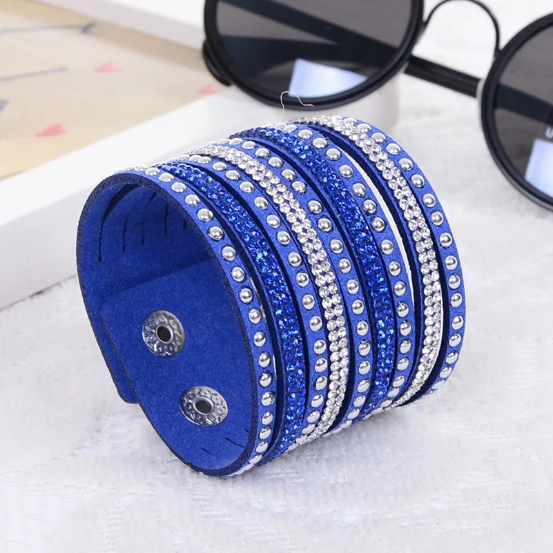 Кожаные богемные браслеты для женщин, ювелирное изделие, Кристальный браслет со стразами,, широкие браслеты и браслеты, подарок для девочки - Окраска металла: Blue