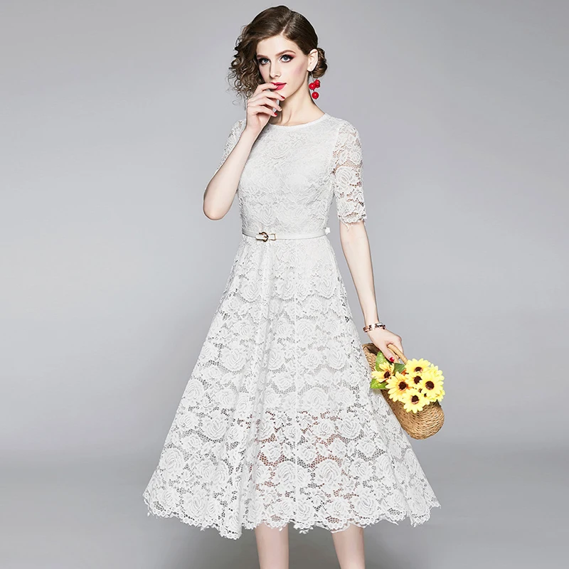 

White Lace Dresses Woman Evening Party Night Hollow Out O-Neck Women Blue Long Dress robe femme Vestidos de Festa Sashes Belt