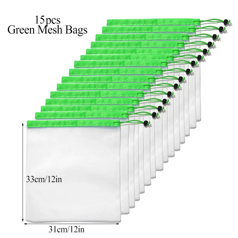 15 шт многоразовые сетки производят сумки моющиеся экологически чистые сумки для продуктовых магазинов хранения игрушек фруктов овощей сумка для хранения - Цвет: 15pc-C-M-green