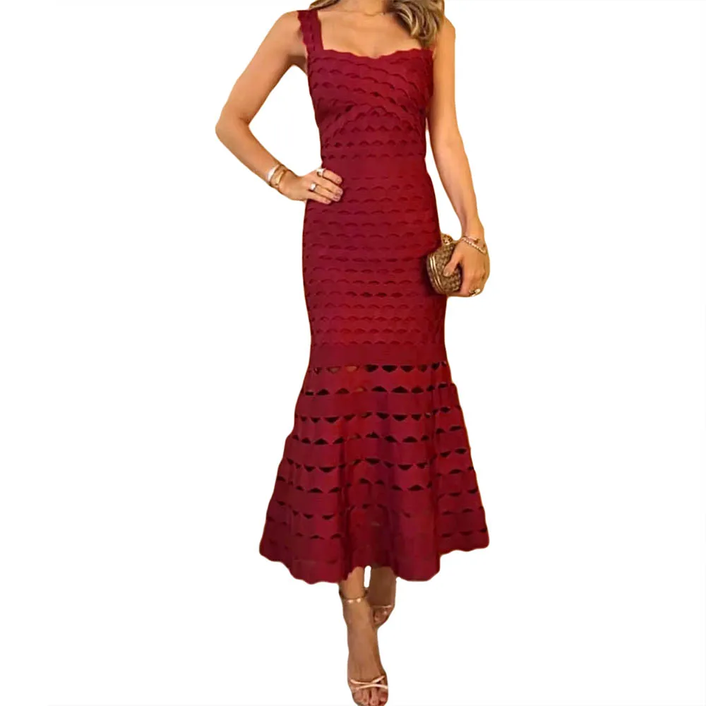 

Women Fashion 2019 New Wine Red Sexy Spaghetti Strap Bandage Dress Sleeveless Jacquard A Line Vestidos Cocktial Party Dress